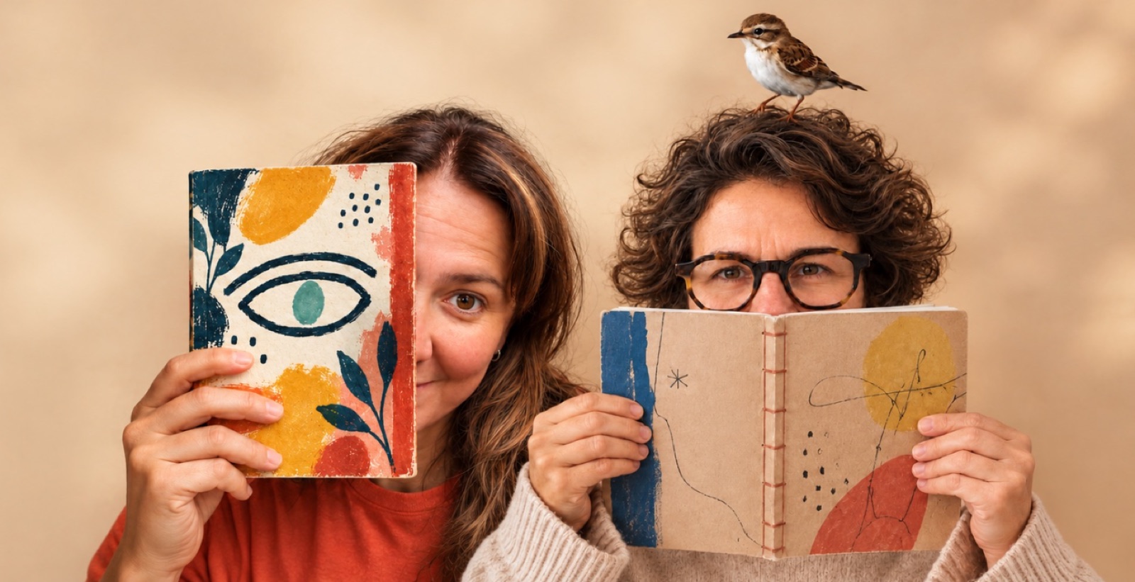 Dos educadoras sostienen cuadernos artesanales frente a la cámara